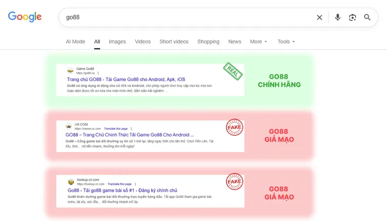 Màu sắc và bố cục tổng thể của trang Go88.com thật hài hòa và chuyên nghiệp, còn trang giả Go88.com thường lệch tông và thiếu thẩm mỹ.